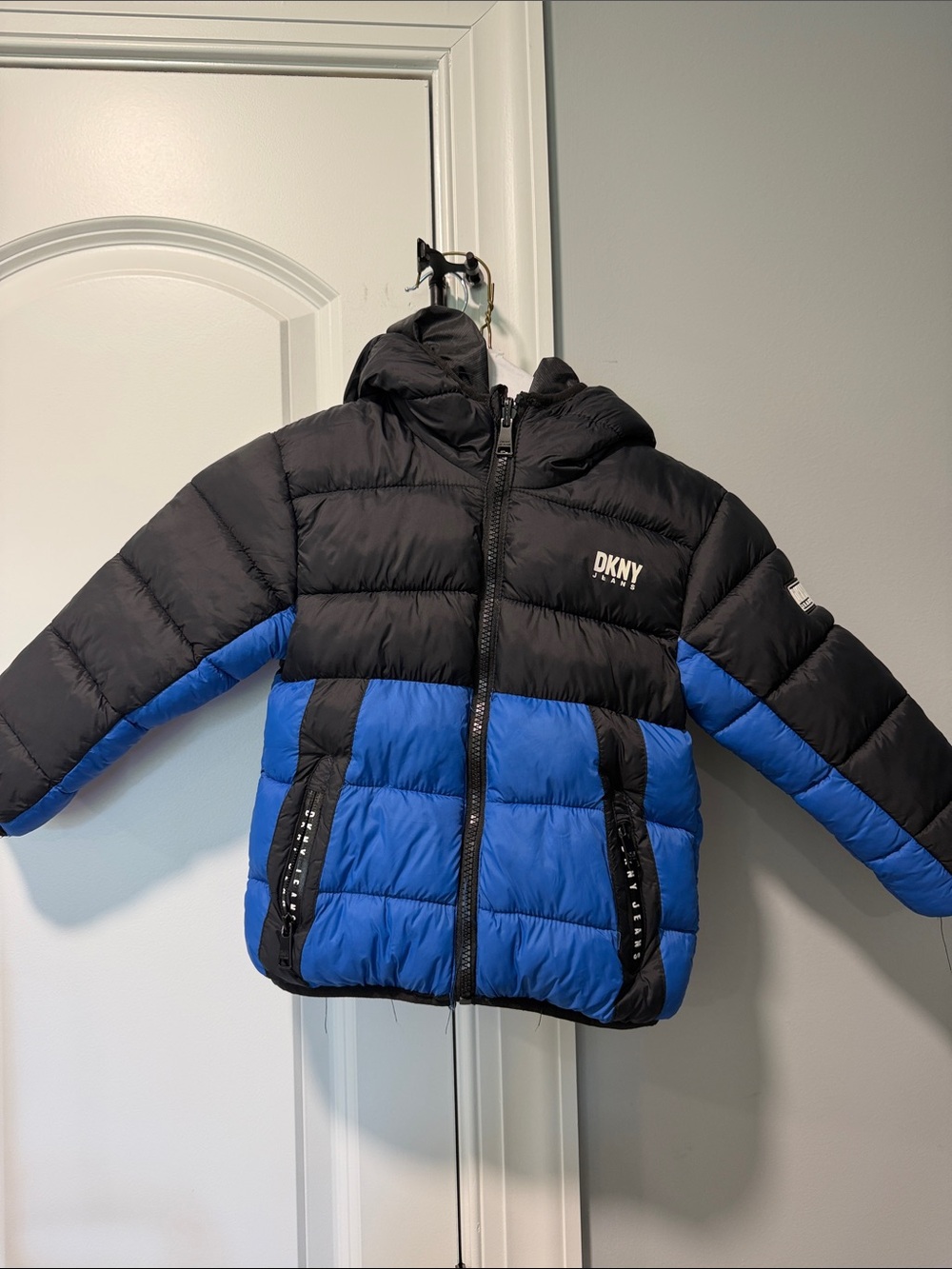 DKNY Black and Bright Blue Kids Colorblock Puffer Jacket with Hood. reversible